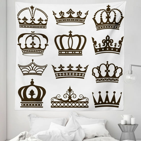 King Tapestry, Royalty Crowns Tiaras for Reign Queen Prince Cartoon Desgin, Fabric Wall Hanging Decor for Bedroom Living Room Dorm, 5 Sizes, Dark Green Brown White, by Ambesonne