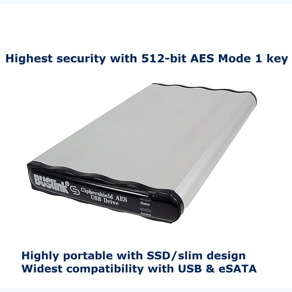 DSX-2TSDG2M1 2TB SSD USB 3.2 Gen 2/eSATA CipherShield Mode 1 Key 512-bit AES FIPS 140-2 HIPAA Disk-On-The-Go Encrypted External Slim Portable Secure Drive