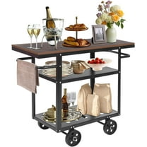 3 Tiers Vintage Rolling Bar Cart, Industrial Mobile Serving Cart with Wheels and Handles, Metal and Wood Rolling Kitchen Stand Cart Rolling Utility Storage Cart, 15.8"D x 36.2"W x 30.5"H (Brown)