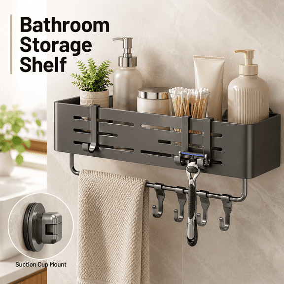 MEYRKLOE Suction Cup Shower Caddy, Heavy Duty Aluminum Bathroom Organizer Shelf with Towel Bar and Hooks, No Drill, Gray, 12.8 x 5.3 in