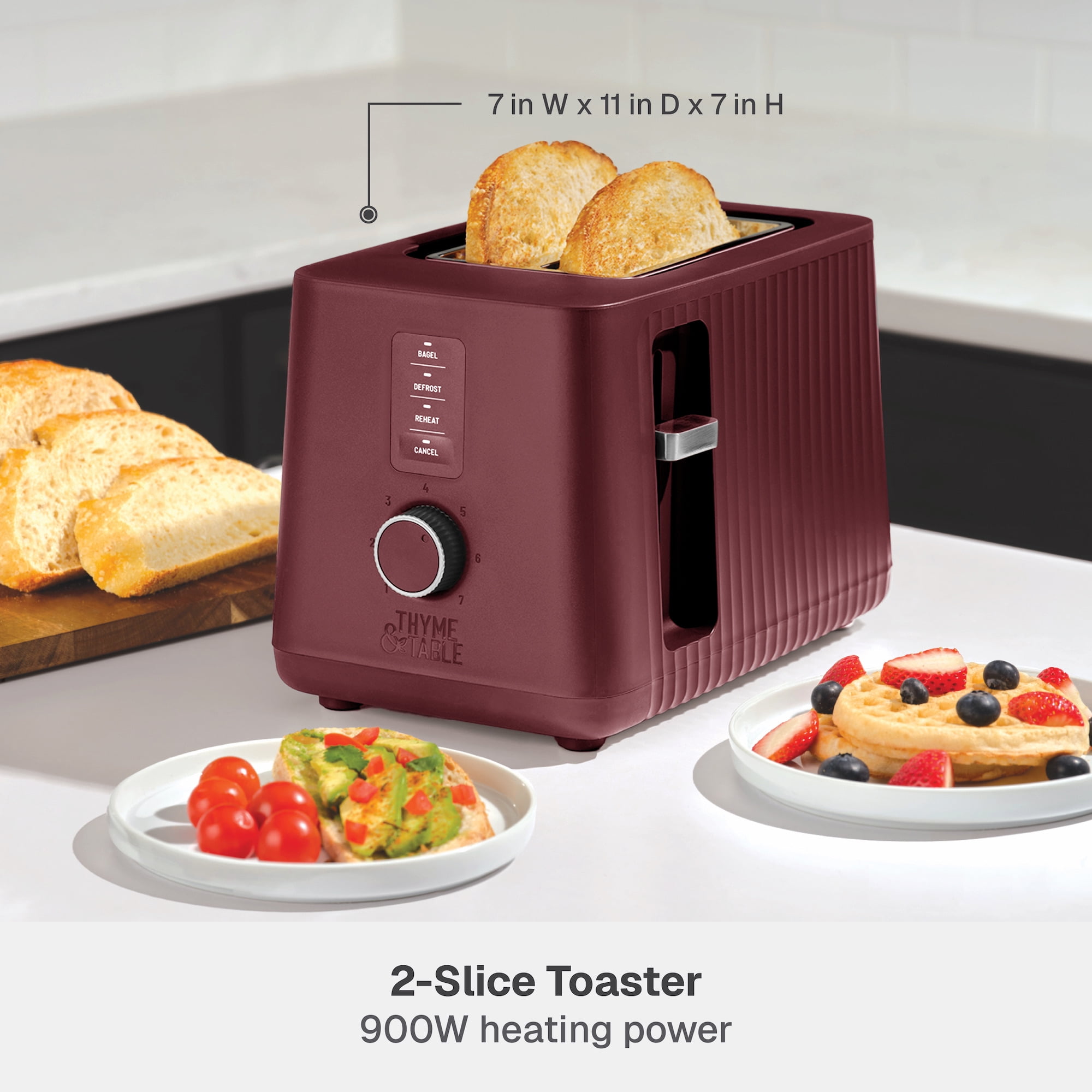 Thyme & Table 2-Slice Toaster, Extra-Wide Slots with Removable Crumb Tray, Cabernet Red