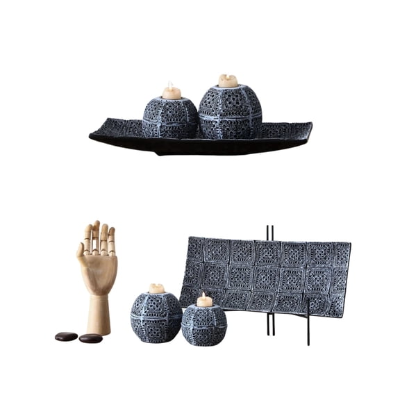 Aria Home Candle Holder Set with Tray, Polyresin Decorative Décor Set of 2 Black