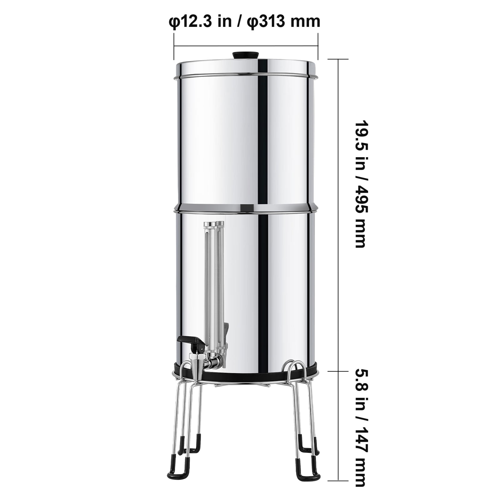 KFFKFF Water Purification Unit, Gravity-Driven, 2.25G 304 Stainless-Steel Tabletop Water Cleaner, Diminishes Lead and up to 99% of Chlorine, Includes 2 Ceramic Carbon Filters, Water Level Spigot