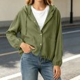 thumbnail image 6 of Women Linen Hooded Crop Jacket, Button Front Long Sleeve Drawstring Hem Shacket with Pockets, Lightweight Loose Fit Casual Coat Army Green M(M), 6 of 9