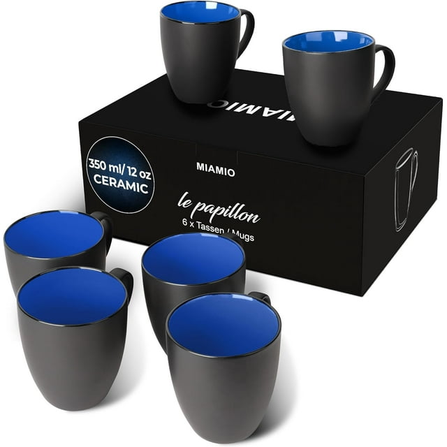 MIAMIO - Ensemble Tasse/tasse en Grès 6 x 350 ml - Collection le Papillon (Noir-Bleu)