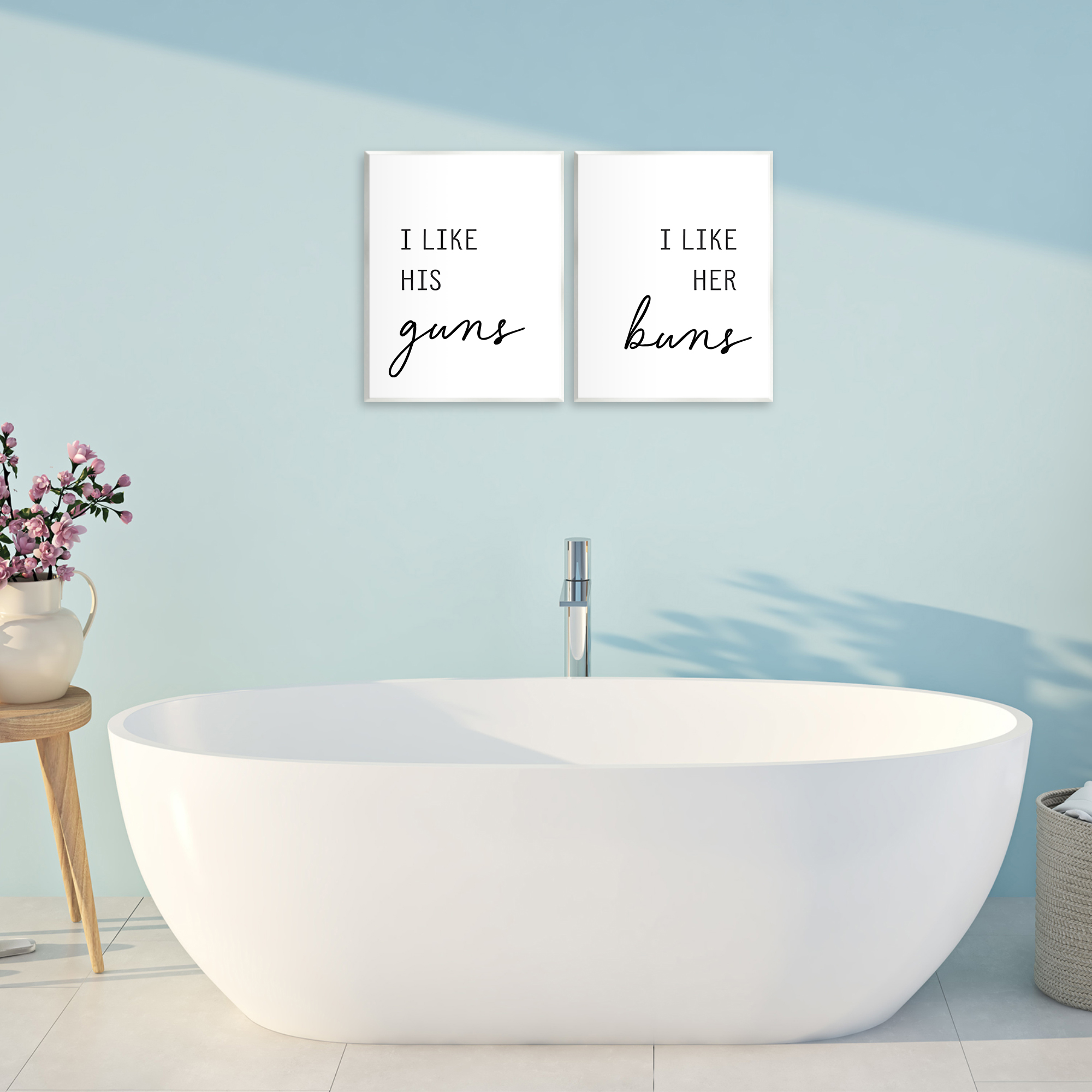 Like His Guns & Her Buns 2 Piece Wall Plaque Art Set, design by Lettered and Lined
