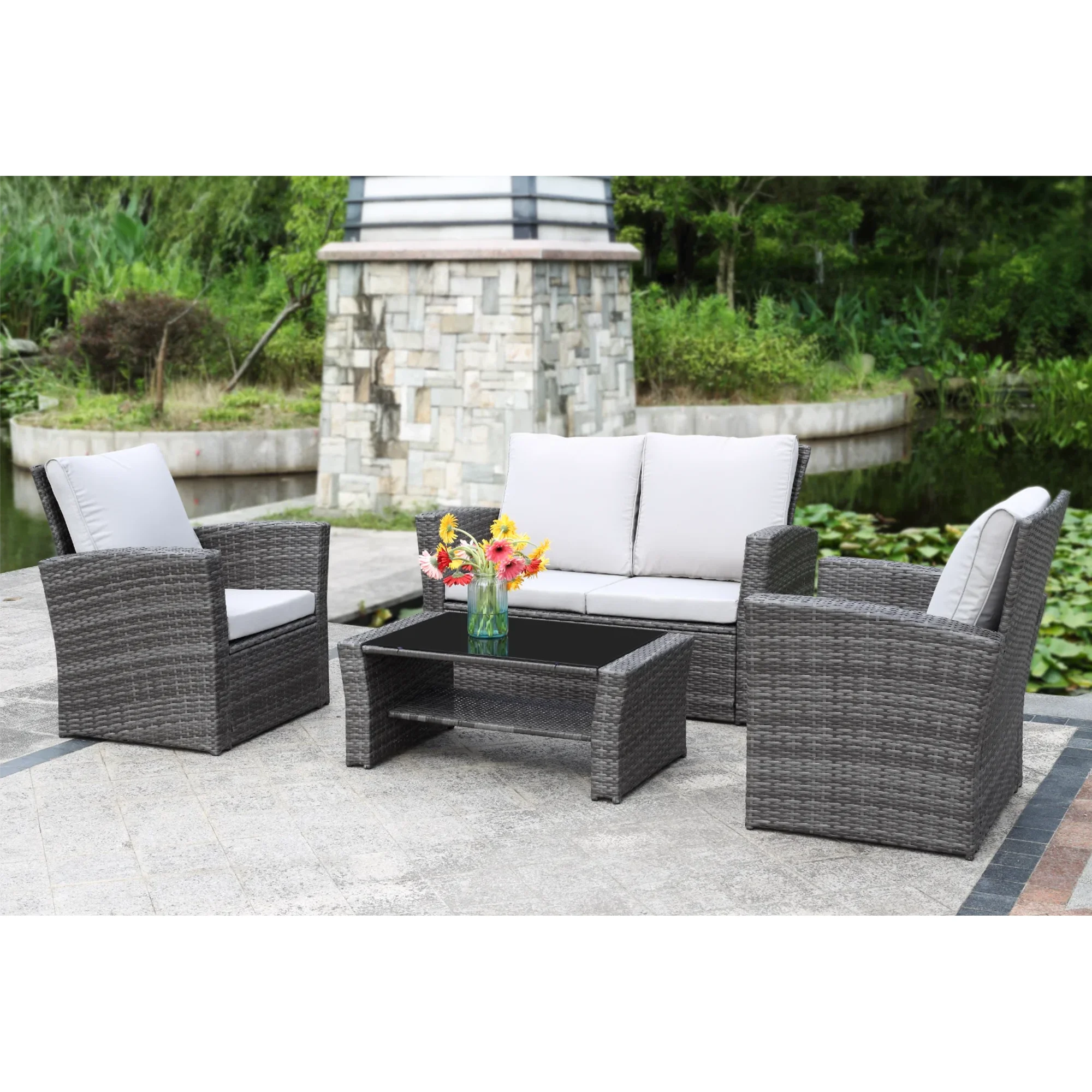 All-Weather Outdoor Patio Furniture Set - 4-Piece Wicker Rattan Sectional Conversation Set with Table and Cushions, Gray