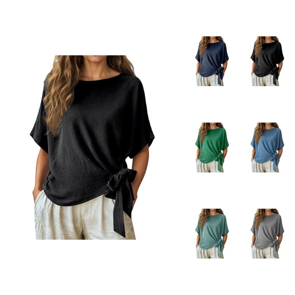 Batwing Tops for Women Summer Short Sleeve Crewneck Tie Waist Loose Blouse Dressy Casual Shirt Elegant Wrap Tops