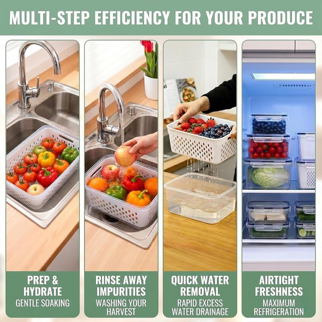 5 Pack Produce Storage Containers for Fridge, Stackable Fruit Storage Containers for Fridge, Fridge Organizers and Storage with Lids for Berry Vegetable Salad Lettuce Meat Food