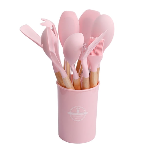 Juego de 12 utensilios de cocina de silicona, resistentes al calor, que no se doblan, no se derriten, fáciles de limpiar, aptos para lavavajillas, color rosa para utensilios de cocina antiadherentes