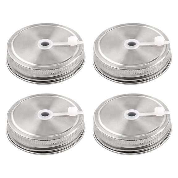 Unique Bargains Stainless Steel Regular Mouth Jar Lids with Straw Hole 4 Pcs