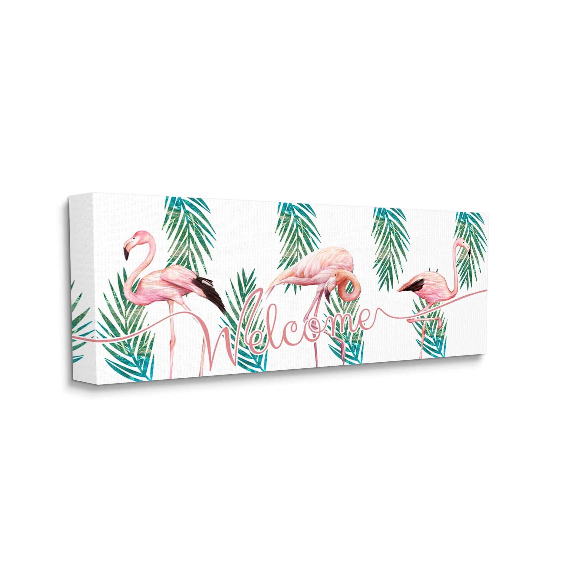 Stupell Industries Welcome Greeting Pink Flamingo Trio Tropical Palm Fronds, 48 x 20,Design by Ziwei Li