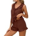 thumbnail image 5 of Nmnitkp Women's Milk Silk 2 Piece Pajama Set, Puff Sleeve Ruffle Hem Cami Top with Pockets, Soft Breathable Loungewear Sleepwear Coffee,S, 5 of 8
