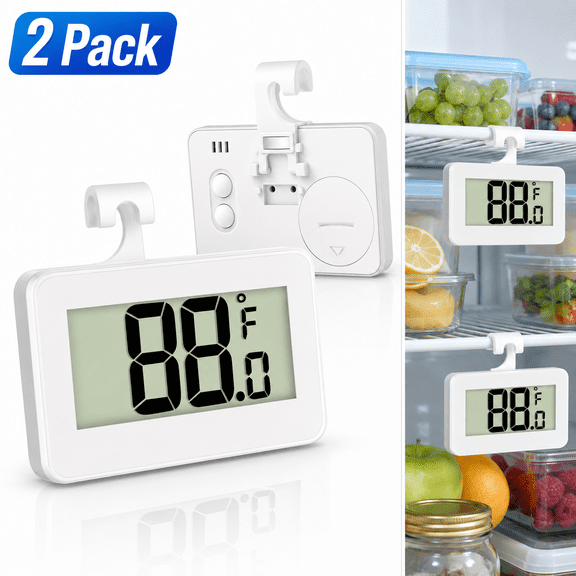 USTOP 2 Pack Digital Refrigerator Thermometer, Freezer and Fridge Thermometer with Large LCD Display, Waterproof Room/Office Thermometer with Hook for Home, Kitchen, Office, Dorm Use