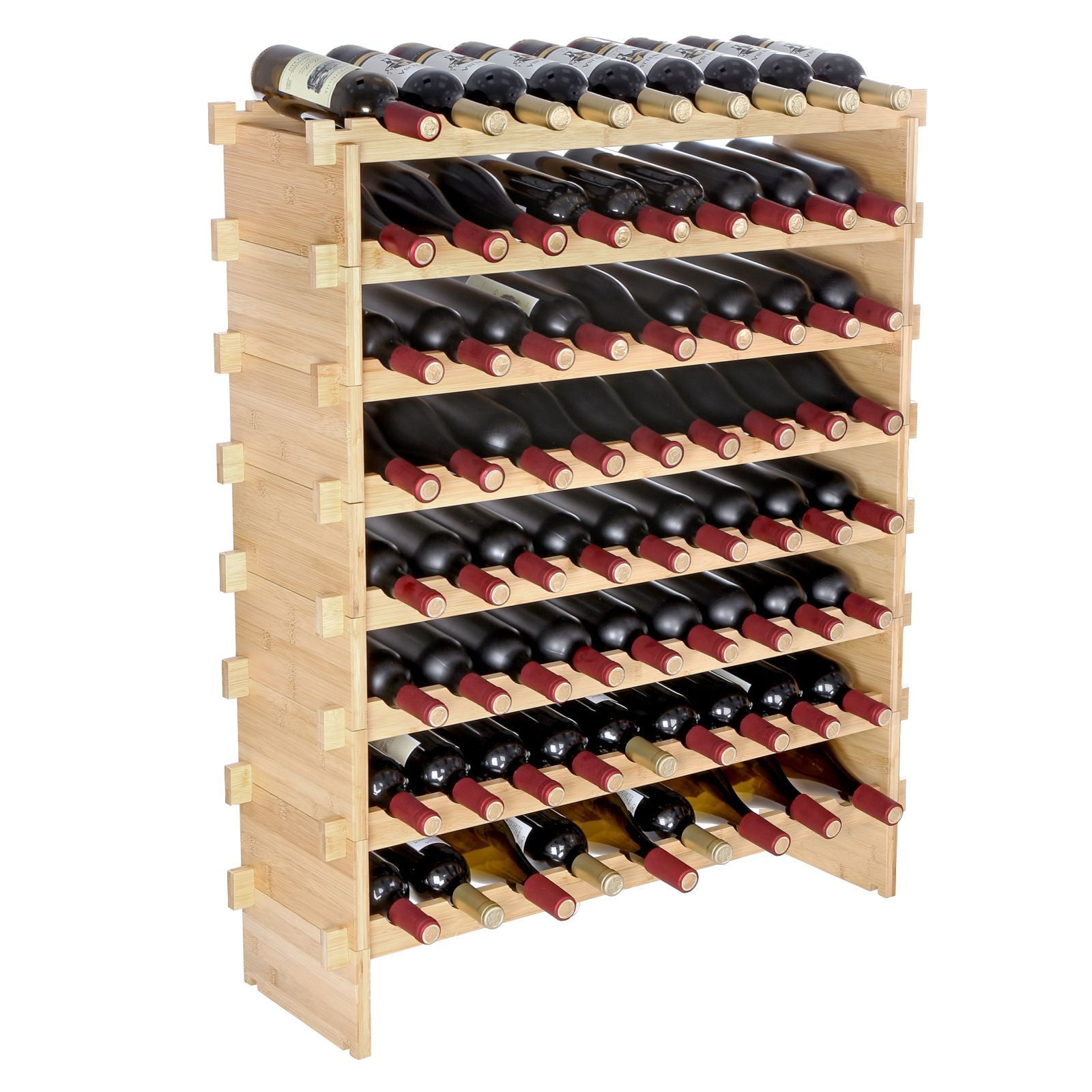 72 Bottle Stackable Wine Rack 8 Tier Bamboo Wood Modular Storage Stand Floor Freestanding Display Wobble Free Kitchen Cellar Natural