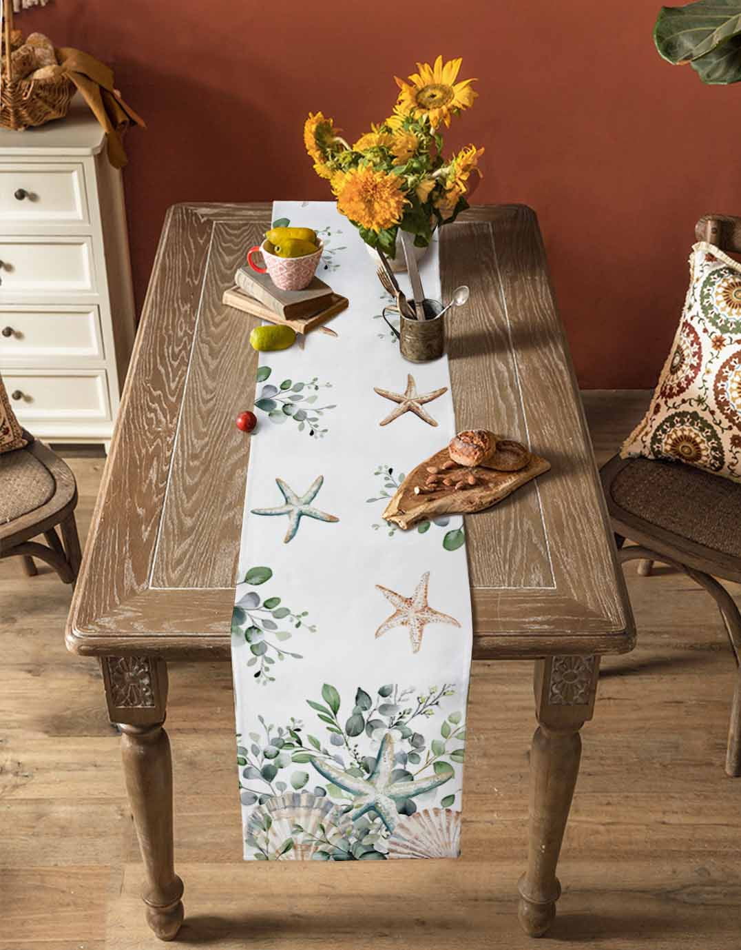 Sage Green Coastal Table Runner 72 Inches, Spring Eucalyptus Leaves Bed Runner Dresser Scarves Tabletop for Indoor Outdoor Parties/Ceremony/Banquet, 18" x 72"