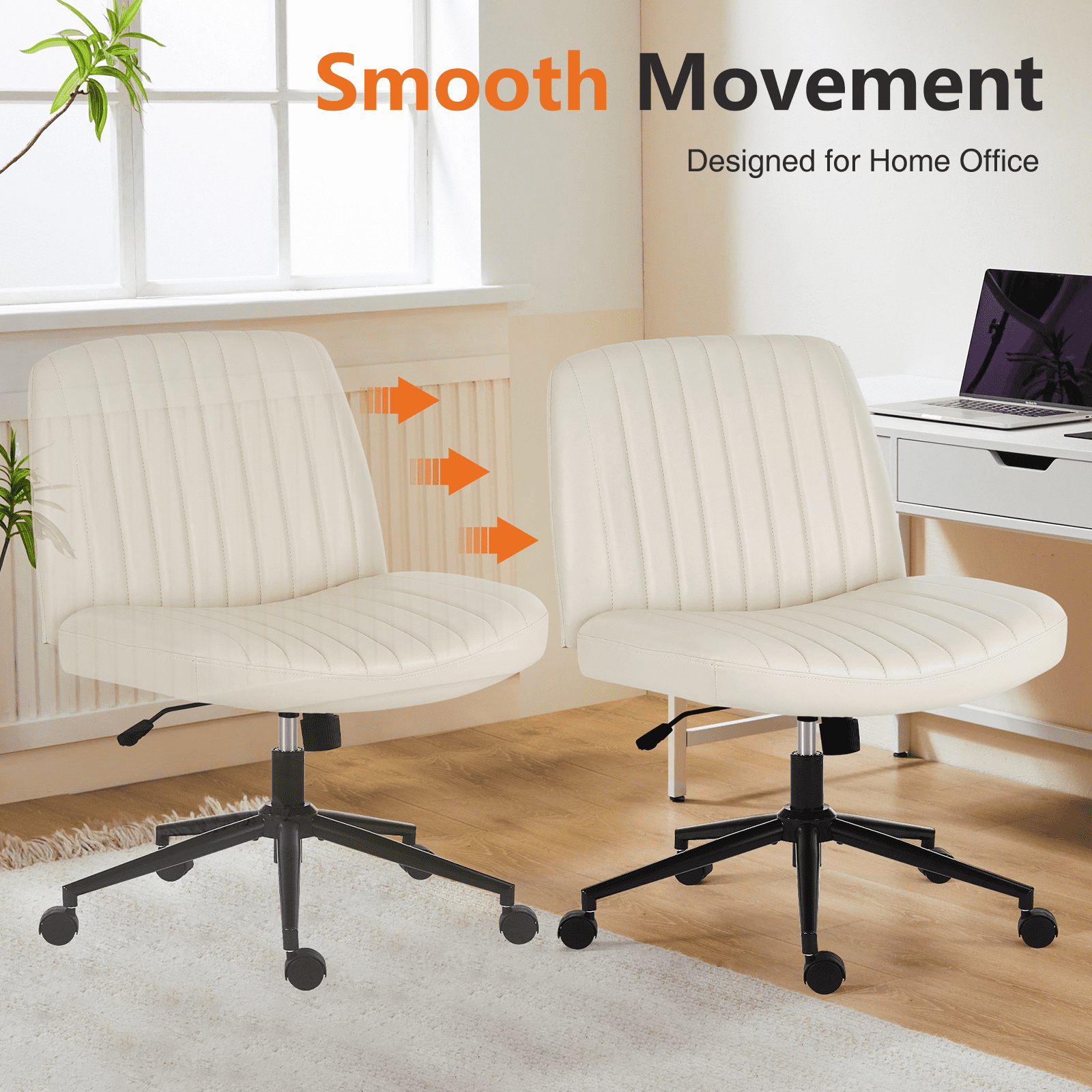 MAYEERTY Office Desk Vanity Chair Cross Legged Armless Swivel Fabric Height Adjustable Wide Seat with Replaceable Wheels/Fixed Base, Comfy Task Chair Padded