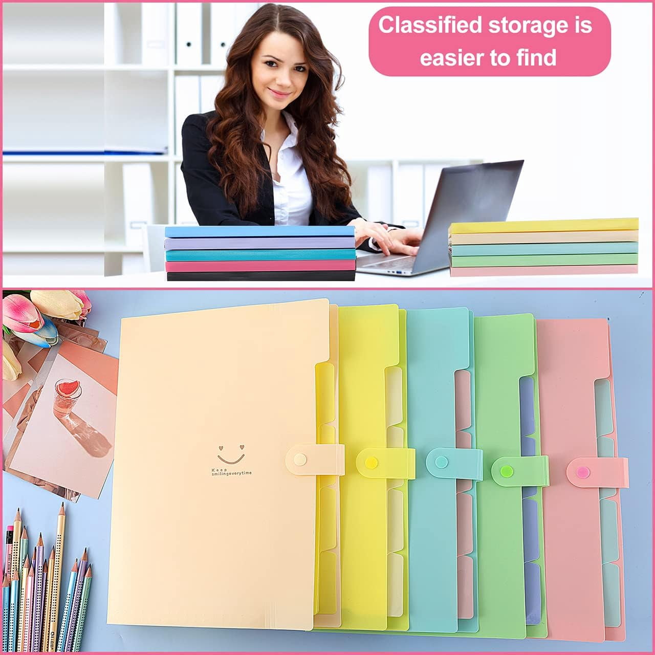 10PCS Expanding File Folders,A4 Letter Size Accordion Document Organizer,Plastic 5 Pocket Accordion Folder,Expandable File Folder with Snap Closure,120 Labels in 12 Colors for School Office Supplies