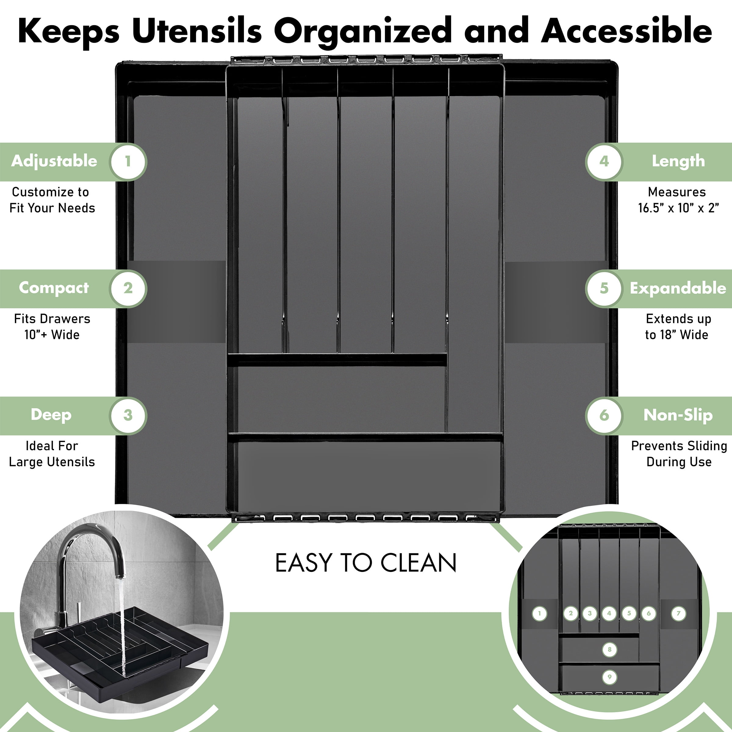 Sorbus Large Expandable Silverware Drawer Organizer – Adjustable Utensil & Cutlery Tray, Black