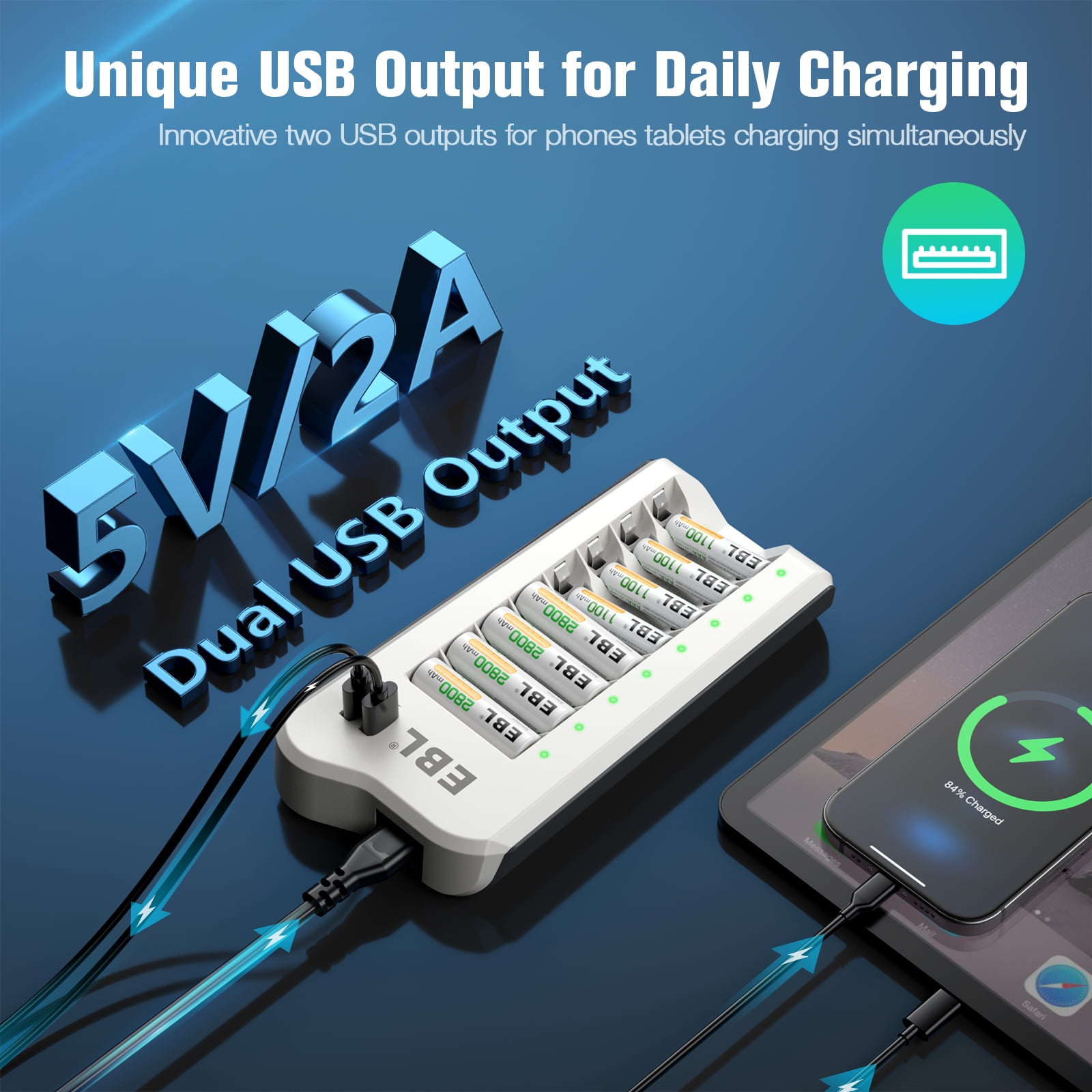 EBL Rechargeable AA Batteries (8-Pack) 2800mAh Double a Batteries with 8 Bay Battery Charger