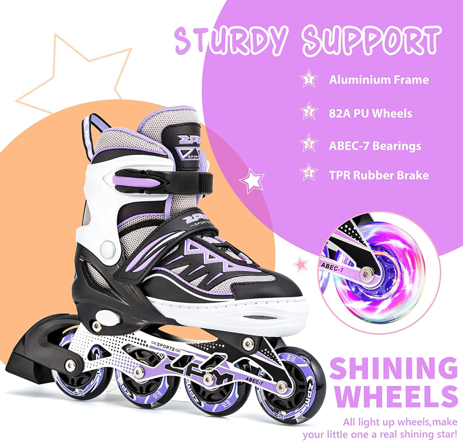 2PM SPORTS Purple Illuminated Inline Skates with Light-Up Wheels, Medium - Big Kids (13C-3Y US), 2.4 kg