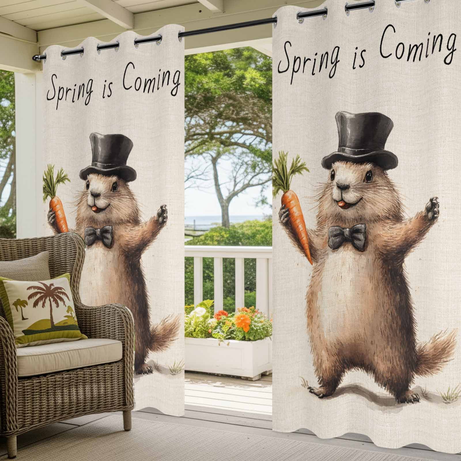 Outdoor Curtains for Patio Waterproof, Happy Groundhog Day Windproof Pravicy Outside Porch Blackout Curtain, Spring Party Pastoral Carrot Sun Blocking Grommets Curtains for Cabana Gazebo 54"x108"