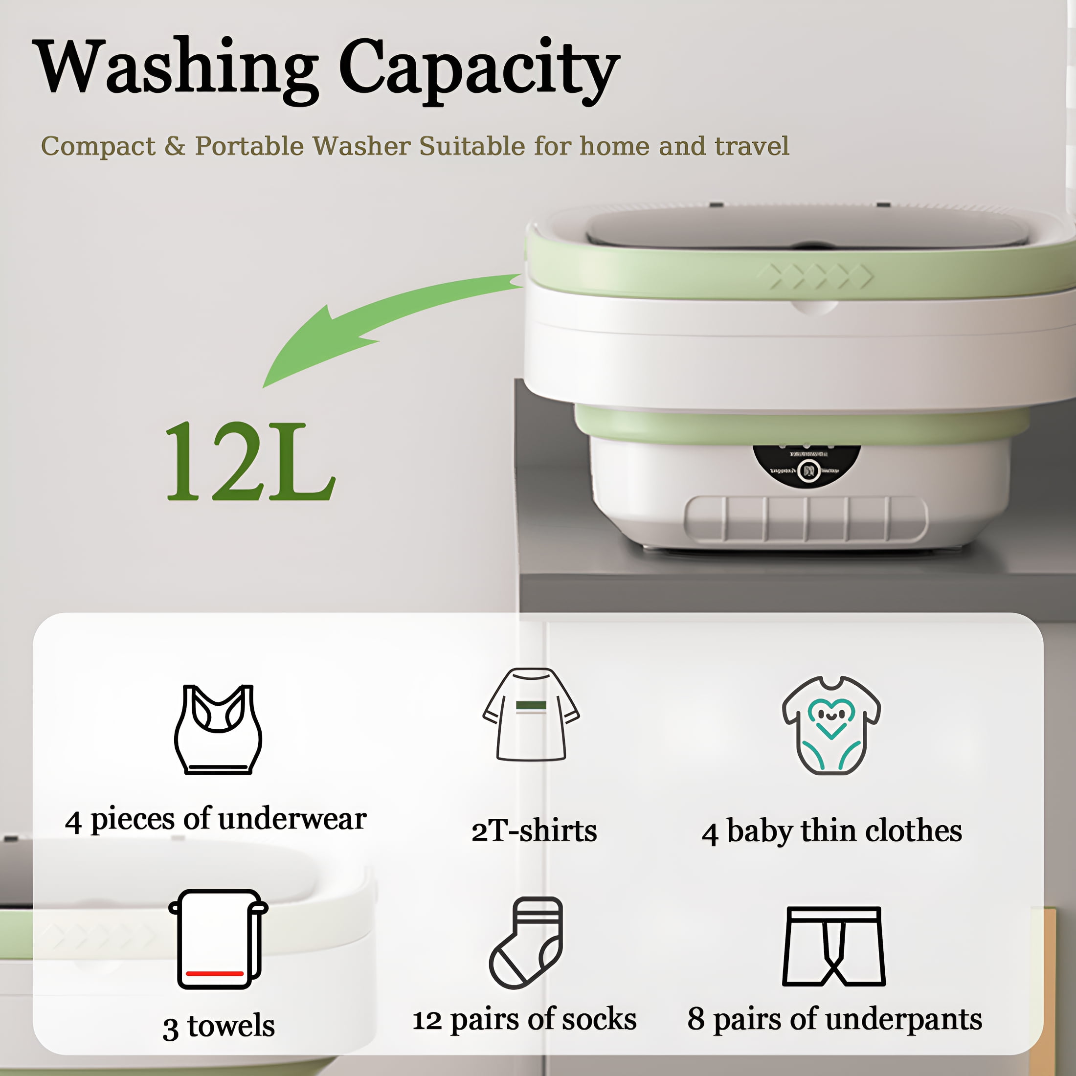CURYMAY 2026 New Portable Washing Machine,Mini Washer,12L Upgraded Large Capacity Foldable Washer,Deep Cleaning of Underwear,Baby Clothes&Other Small Clothes. Suitable for Hotel,Camping(Green)