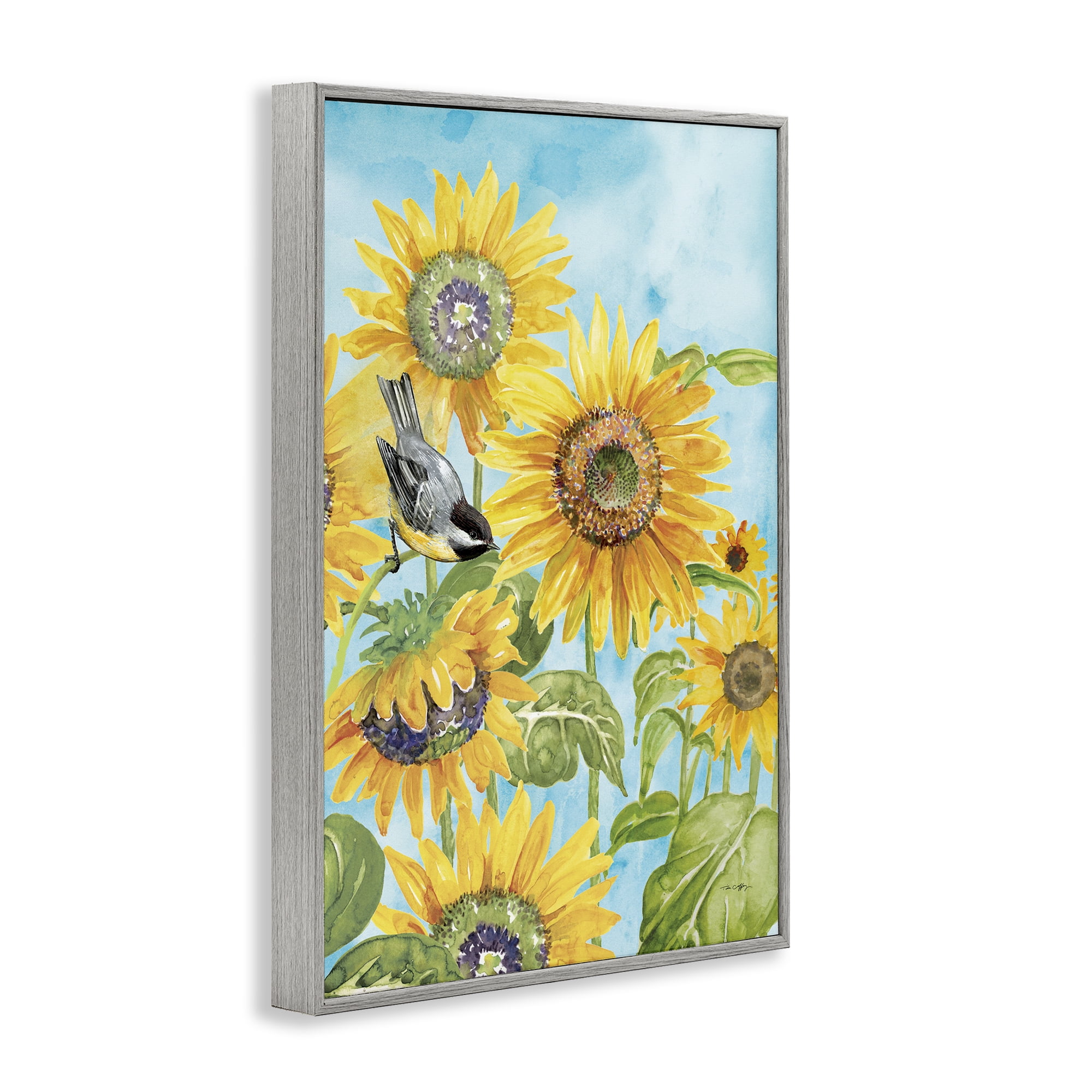 Stupell Industries Sunflower Honey Bird Gray Framed Giclee Art, design by Tim Coffey