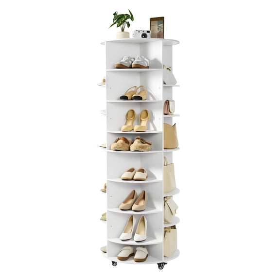 VEVOR 7 Tier Rotating Shoe Rack Tower with Adjustable Shelves, Movable 360° Spinning Carousel Display with Wheels, Lazy Susan Organizer Closet for Bedroom, Living Room, Entryway, Closet, White