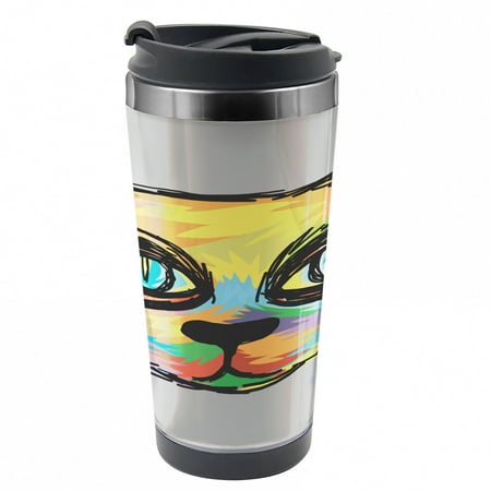 

Cat Travel Mug Sketch Art Dark Big Eyes Steel Thermal Cup 16 oz by Ambesonne