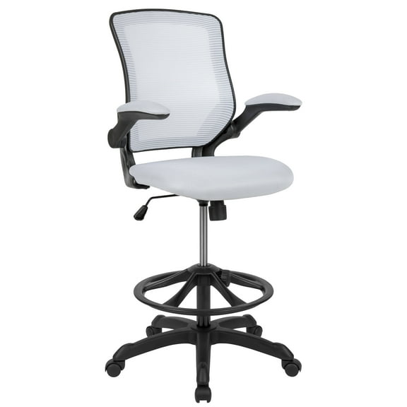 Emma   Oliver Mid-Back White Mesh Ergonomic Drafting Chair with Foot Ring and Flip-Up Arms
