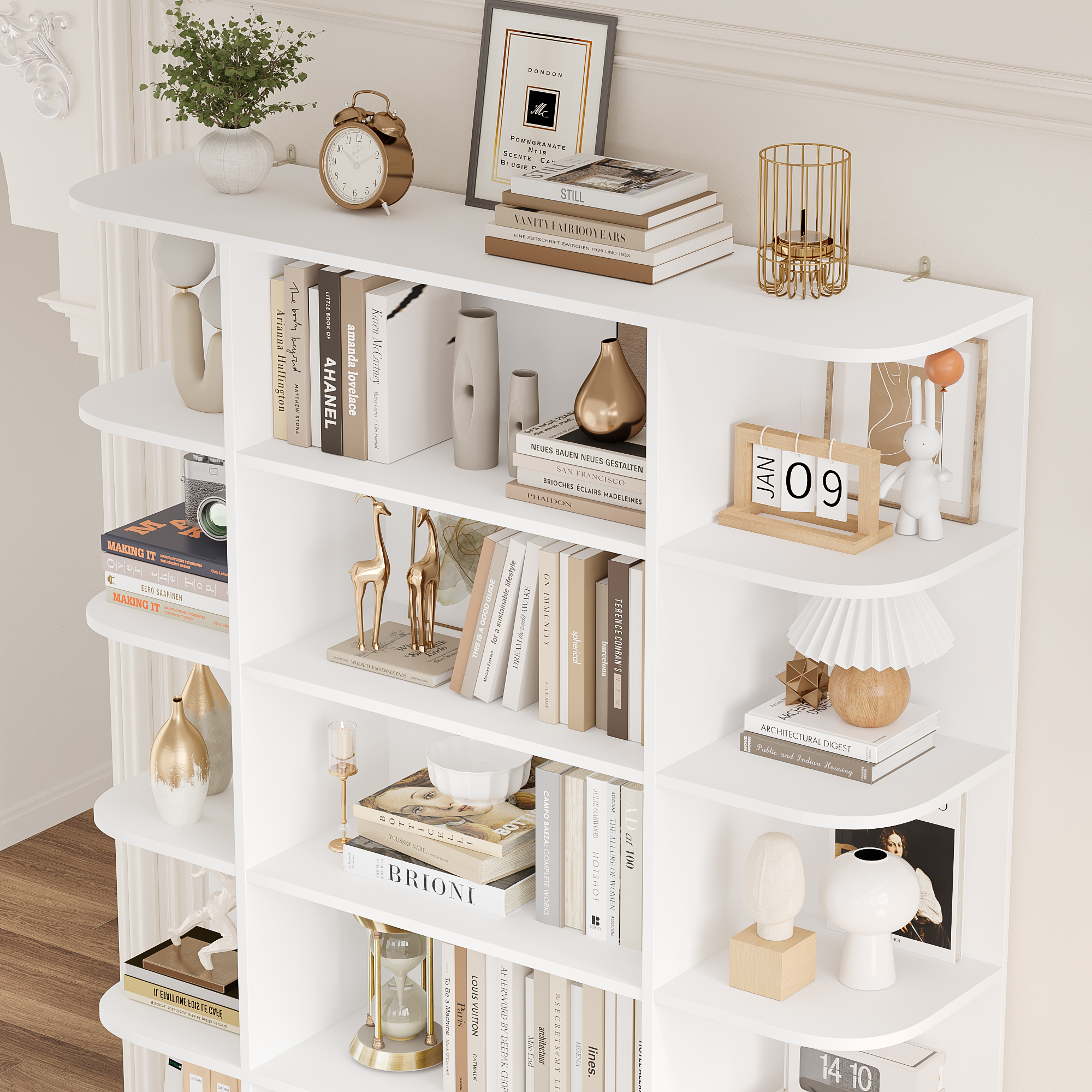 Homfa 7-Tier Triple Wide Bookcase, 84.6" Tall Bookshelf with Curved Display Shelves for Living Room Home Office Study, White