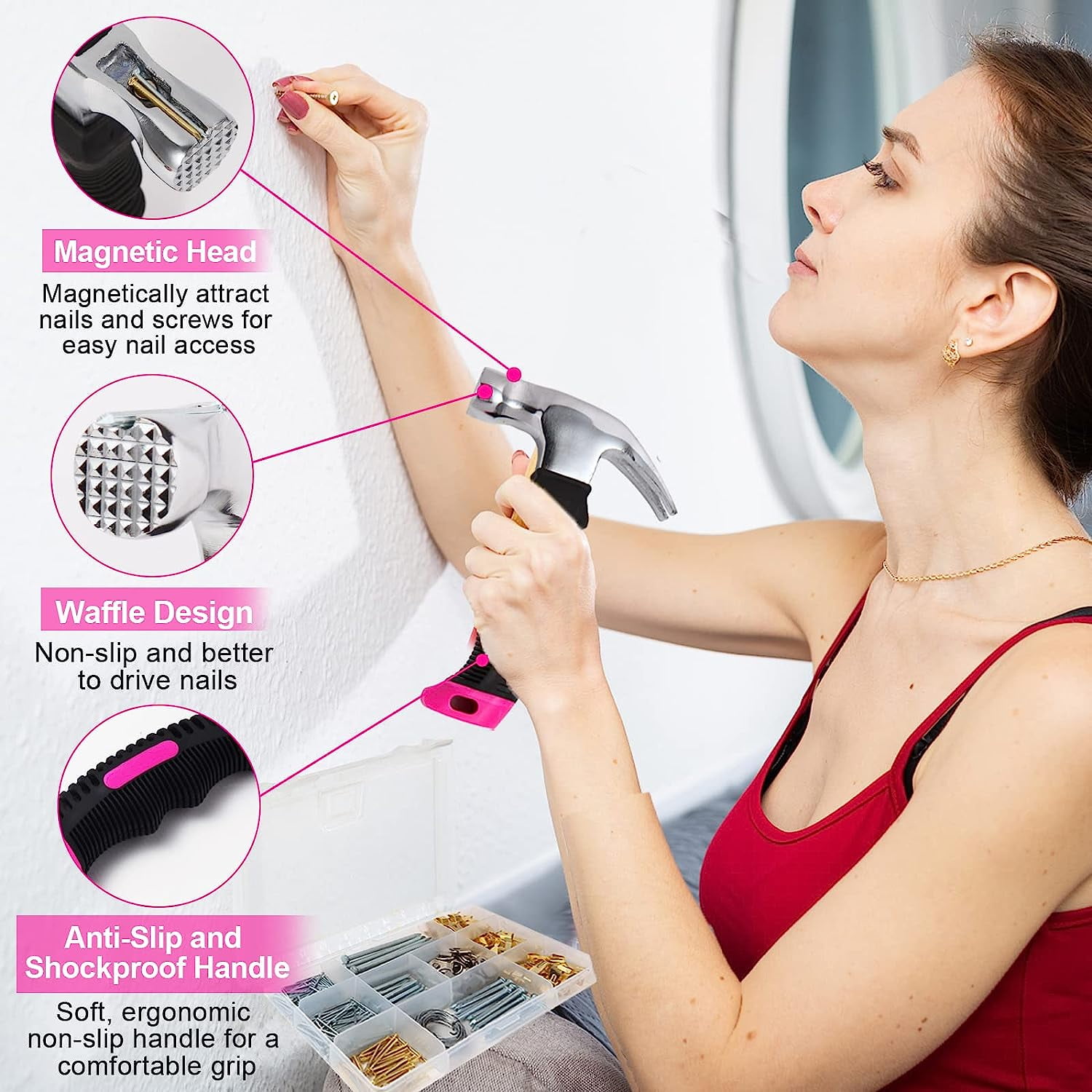 TOYIEW Picture Hanging Kit for Woman, 315pcs Hanging Hardware with Hooks, Wire, Nails, D-Ring, Wall Hanging Kit with Hangers, Magnetic Level and Small Pink Claw Hammer, DIY Tool Set for Home Decor