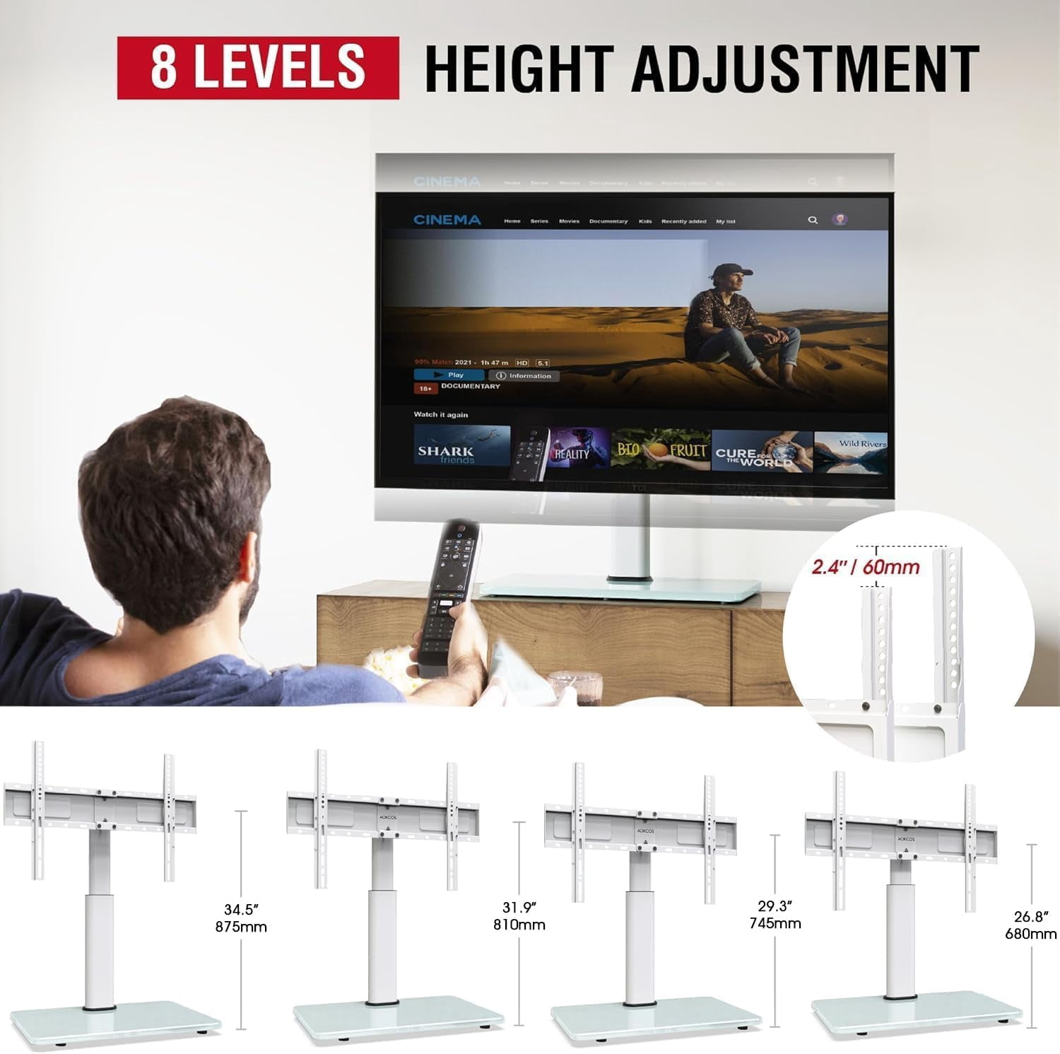 AOKCOS Tabletop TV Stand for 43–85 Inch TVs, White, Swivel & Tilt, Height Adjustable