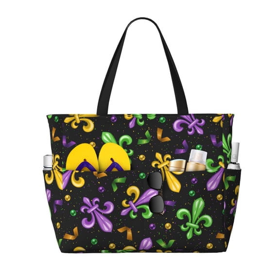 Wukai Mardi Gras Carnival4 Print Zipper Bag,large Beach Tote Bag,Waterproof Sandproof Bag,Grocery and Picnic Tote Travel Bag