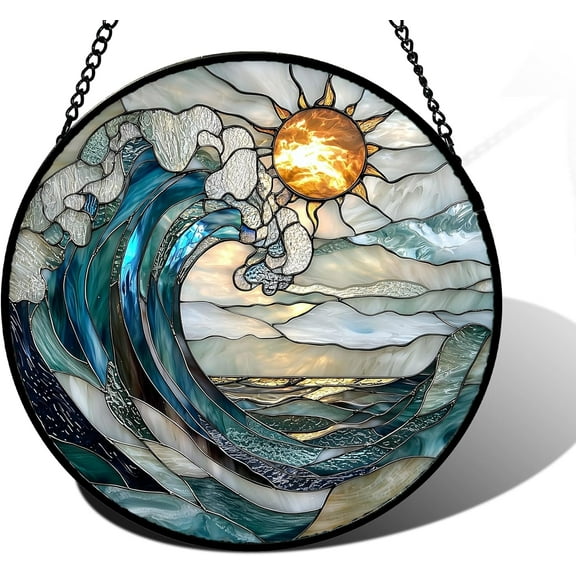 Stained Glass Window Hanging, Blue and White Waves Suncatcher Diamond Glass Panel Landscape Sun Catchers Decor for Birthday for Women, Men, Wife, Aunt, and Mom 6.3 x