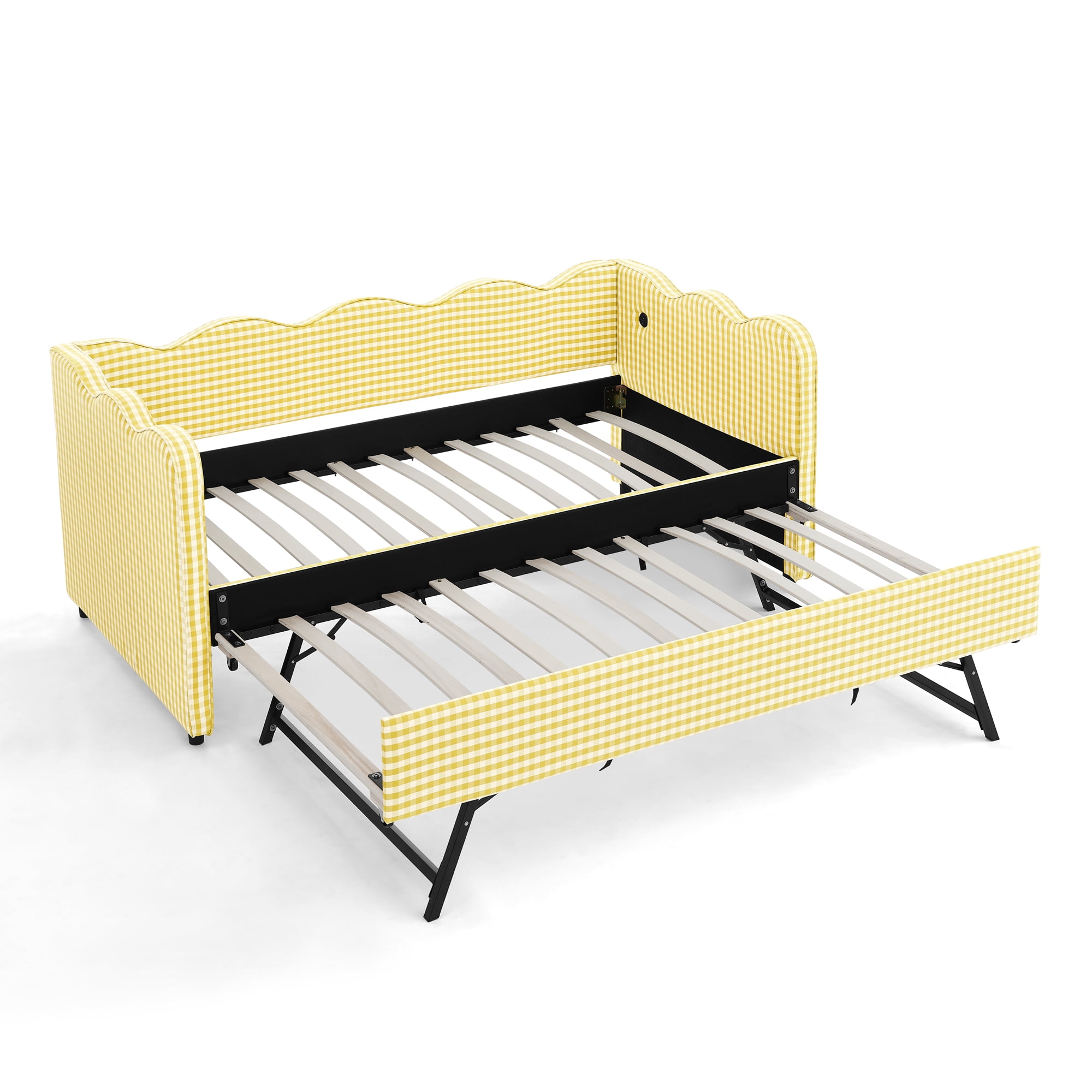Twin Daybed with Trundle and USB Port, Upholstered Linen Sofa Bed Frame, Gingham Wave Design, No Box Spring Needed for Kids Bedroom, Yellow