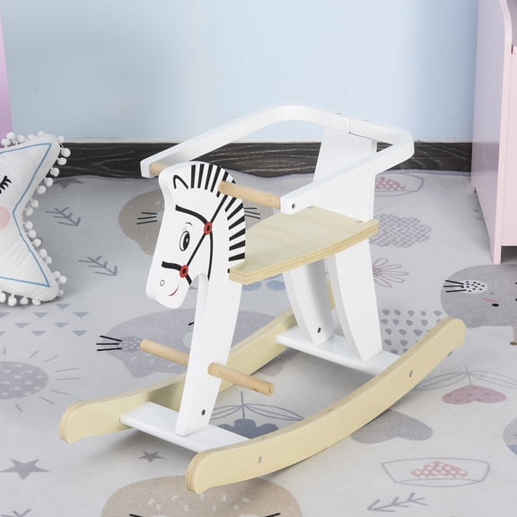 Kids Bike Wooden Rocking Horse Toddler Baby Ride-on Toys for Kids 1-3 Years with Classic Design & Wood Safety Bar, White,Boys Bike