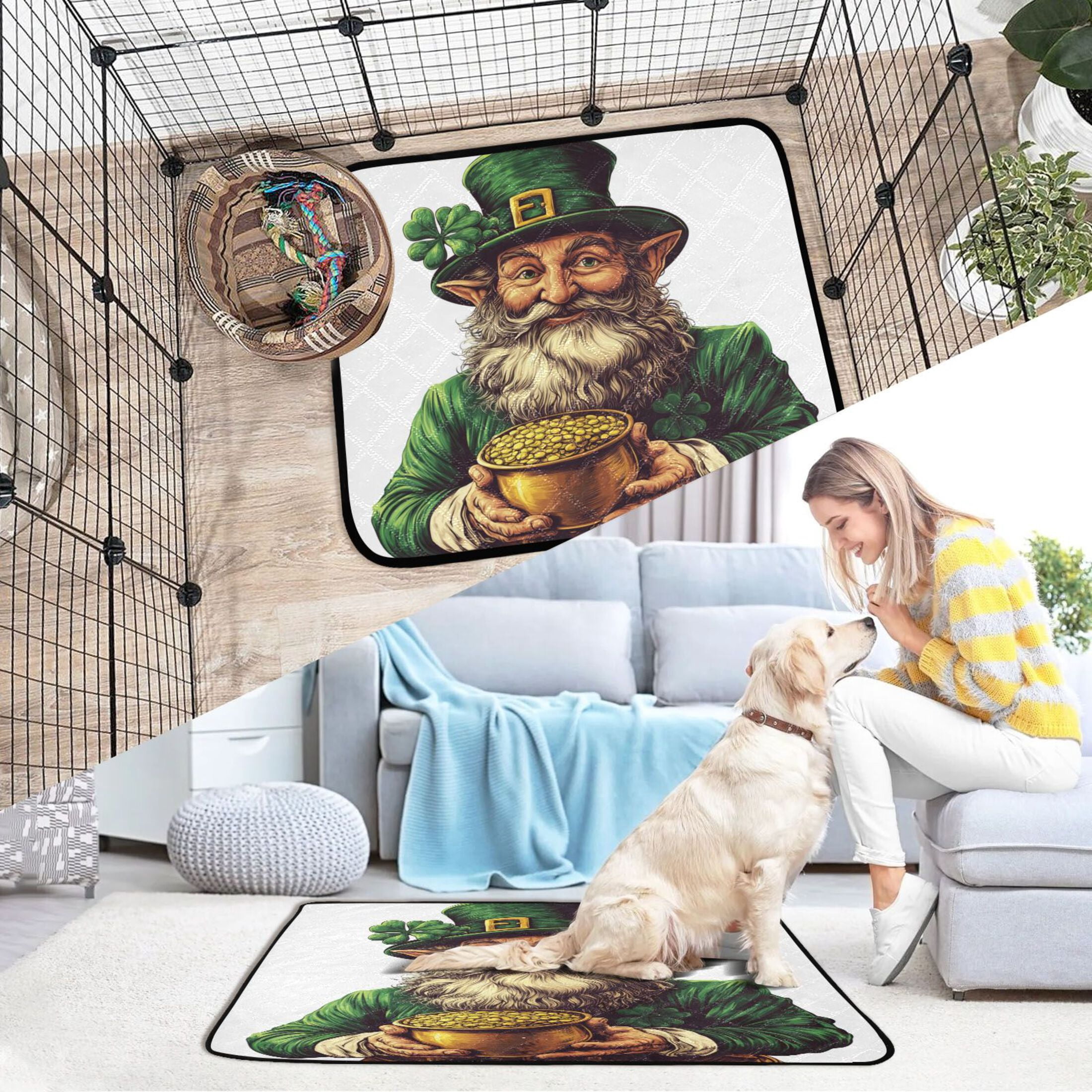 Qxltty Stpatricks Day Leprechaun Cat litter Pads Pet Set of 2 Diaper Mats Center Anti-leakage Layer Absorbent Soft and Comfortable