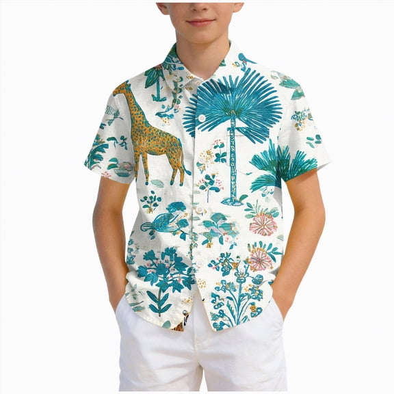 CAICJ98 Boys Hawaiian Shirt Tropical Short Sleeve Cool Cute Casual Button Down Tops for Youth Kids Summer Beach (Light Blue,7-8 Years)
