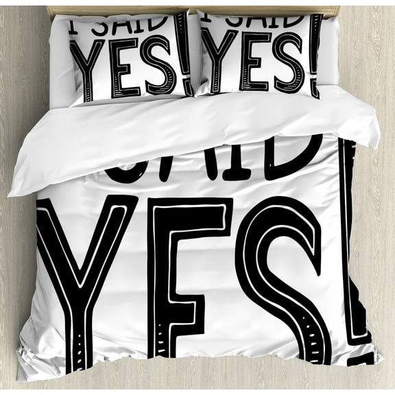 Engagement Party Duvet Cover Set King Size, I Said Yes Quote Happiness Striped Letters Announcement Artwork Print, Decorative 3 Piece Bedding Set with 2 Pillow Shams, Black and White, by Ambesonne