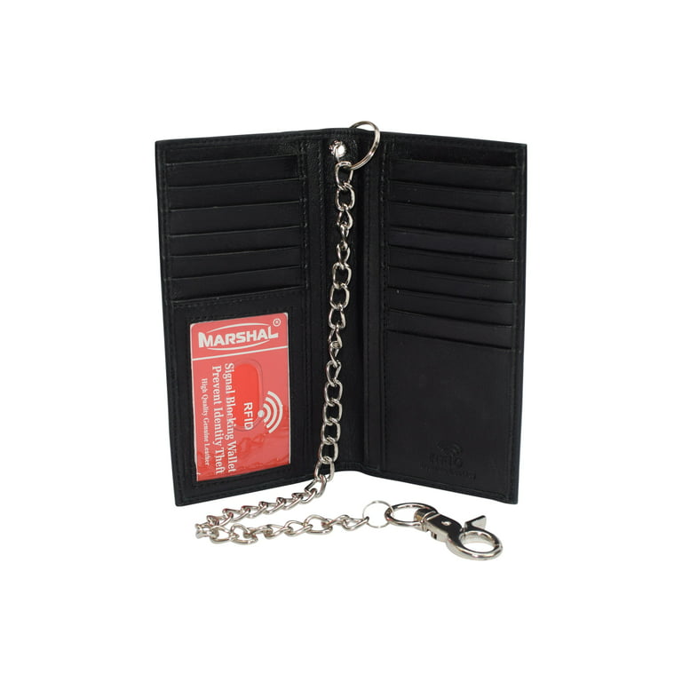 RFID Blocking Chain Wallets for Men Biker Long Bifold Genuine Leather Wallet  with Chain 