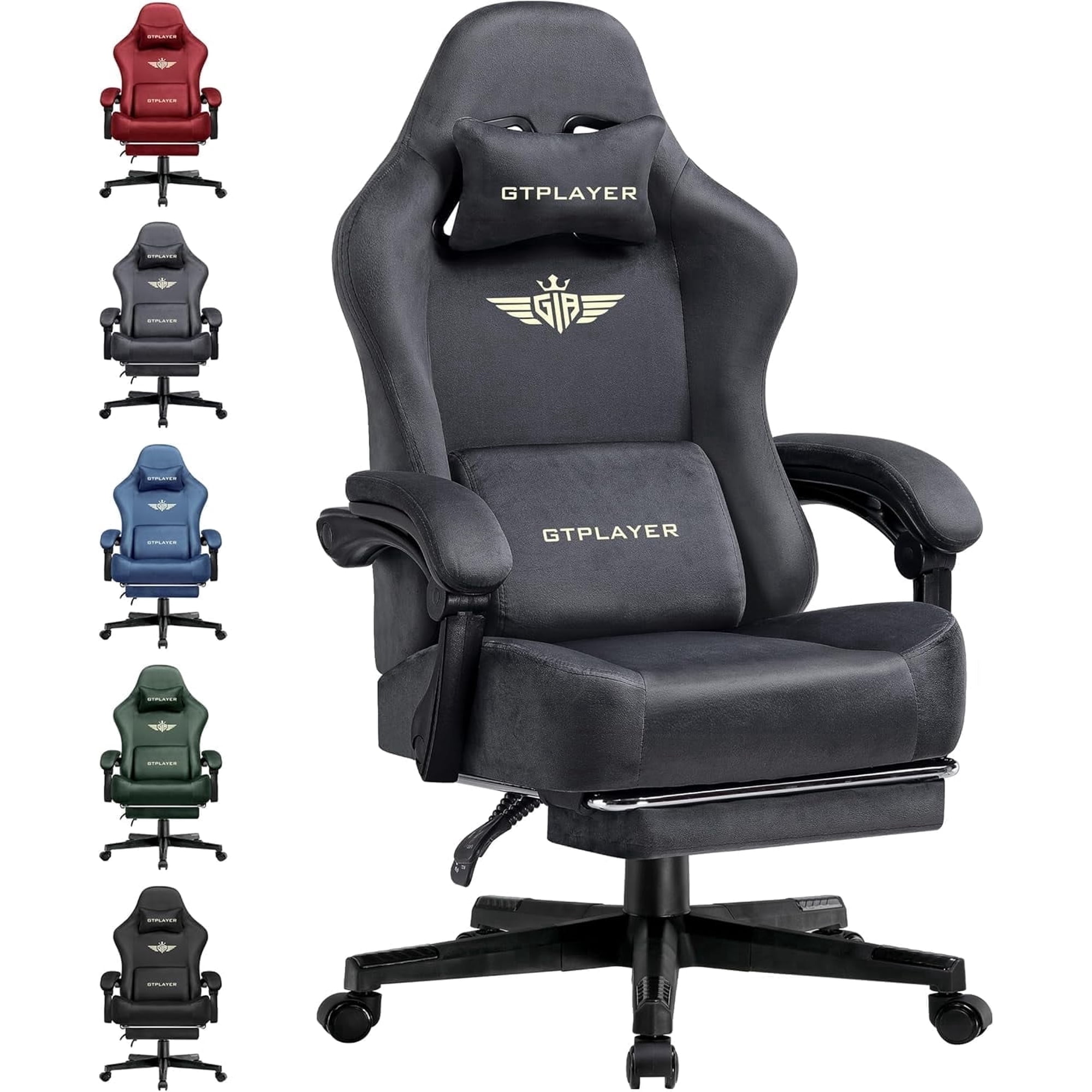 GTPLAYER Big & Tall Fabric Swivel Gaming Office Chair with Pocket Spring Cushion and Footrest, Gray
