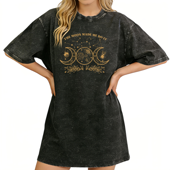 UNISHE Women's T-Shirts The Moon Made Me Do It Quote Vintage Washed Short Sleeve Black S-5XL Tops