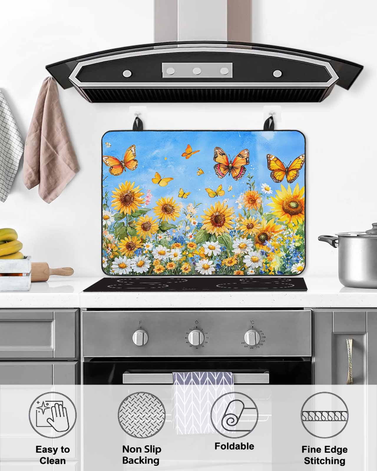 nqOlkjepod Large Induction Cooktop Protector Mat 24"x21", Spring Sunflower Daisy Stove Top Covers for Electric Stove, Yellow Butterfly Retro Oil Painting Stove Burner Cover Mats Stove Cover