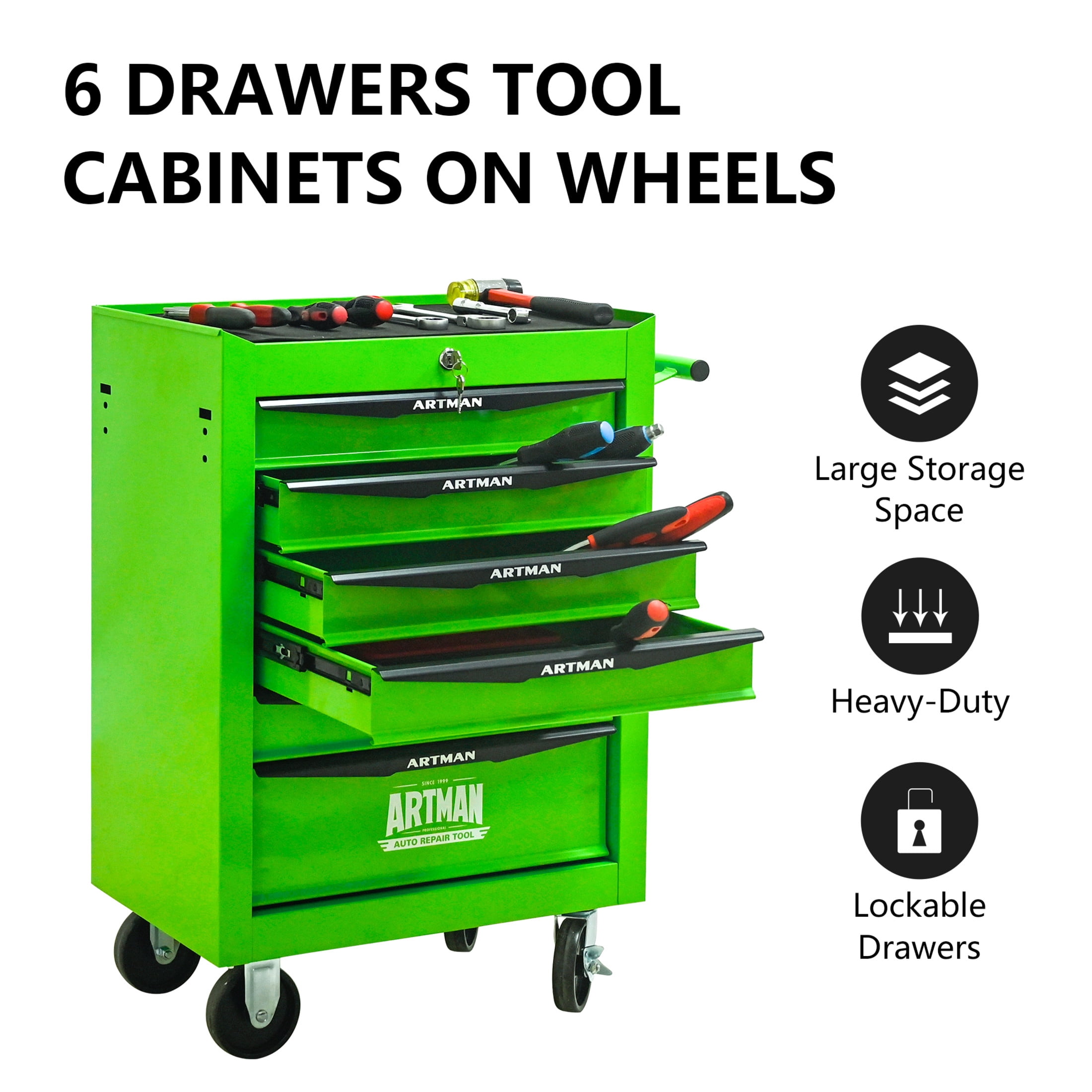 Noble House 6-Drawer Mobile Steel Tool Organizer with Key Lock, Ball Bearing Slide Storage Cabinet Box, Green