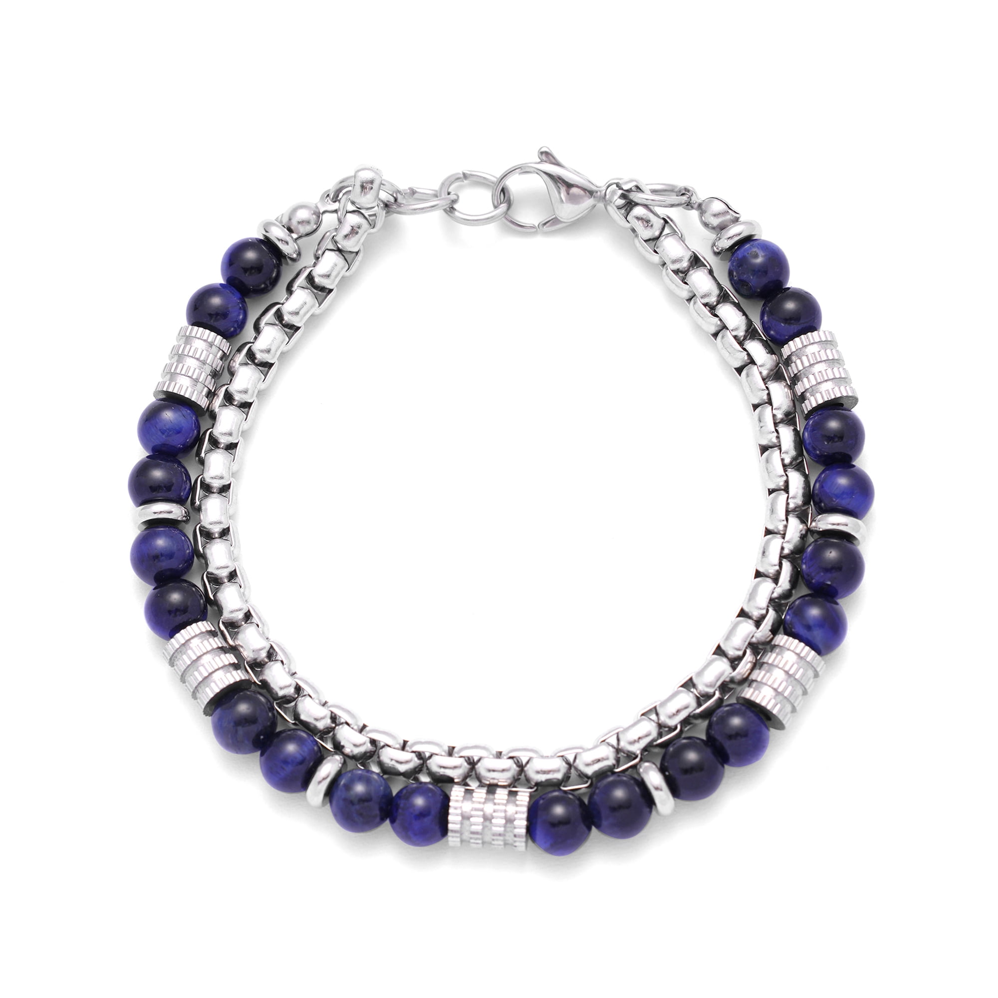 Iron Saints Men Lapis Lazuli Bead Box Chain Bracelets, Stainless Steel, Blue Stone Men Jewelry