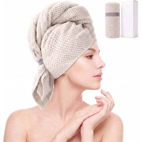 Microfiber Hair Towel Wrap for Women, 24"x40" Super Absorbent Fast Drying Hair Turban for Long, Curly, & Thick Hair – Anti-Frizz, Secure Fit with Elastic Band, Camel