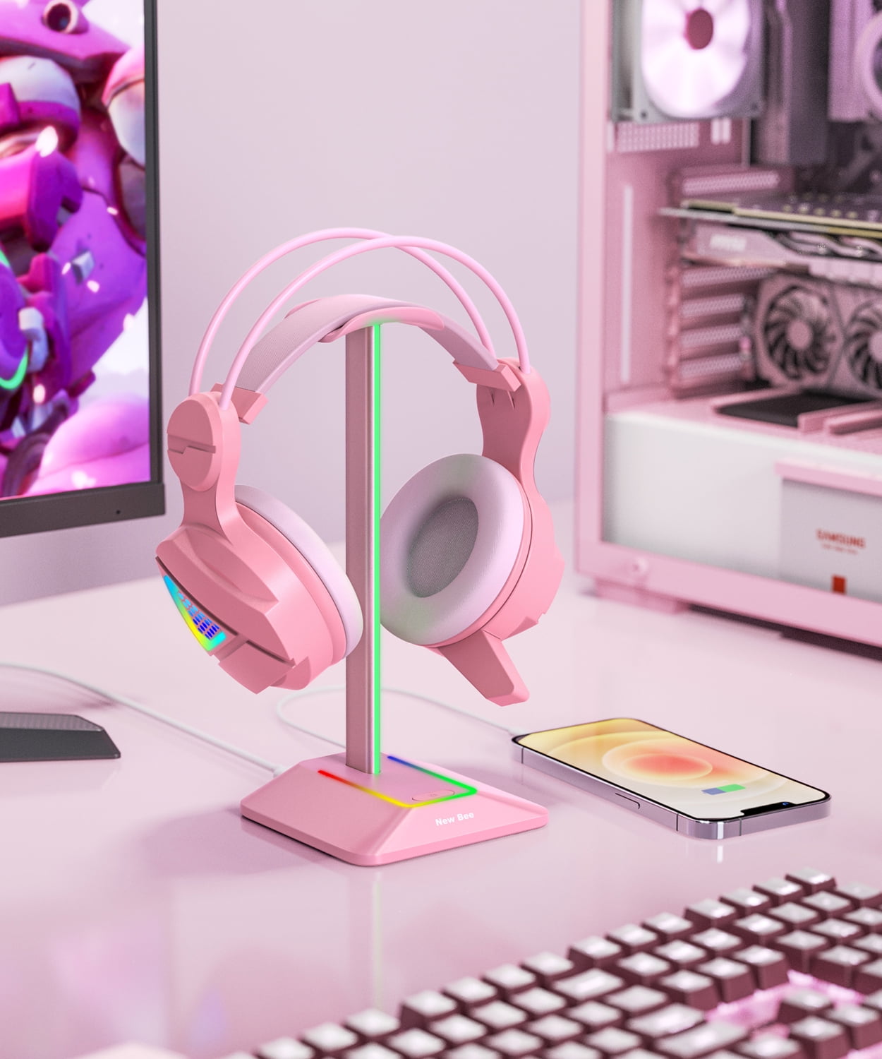New bee Headset Stand with 7-Color LED, Ports (Type-C/USB) for