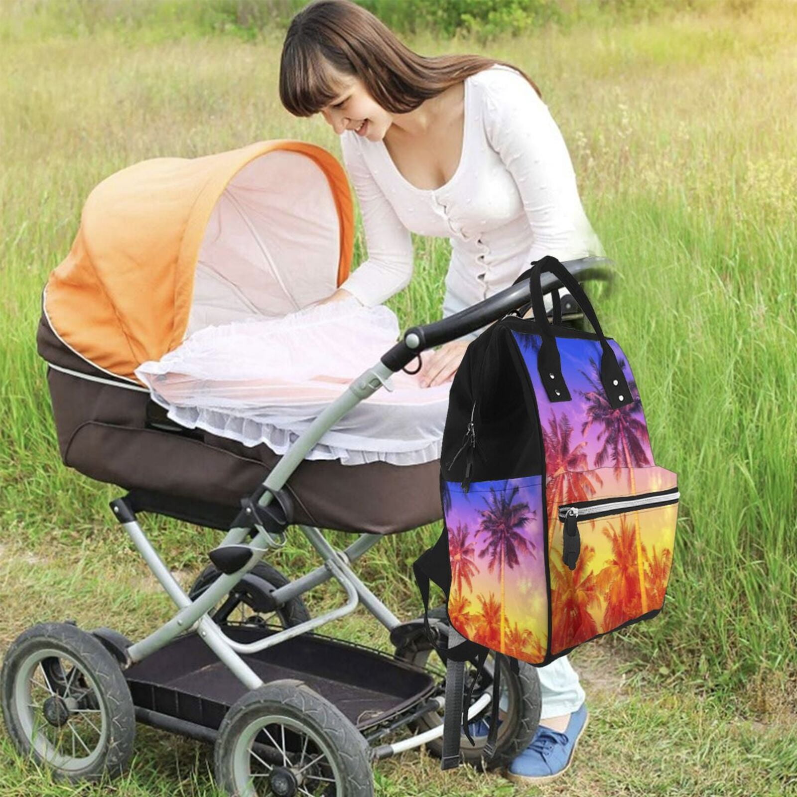 Ratiio Palm Trees at Sunset Mummy Backpack - Waterproof Twill Canvas, Large Capacity Diaper Bag with Multiple Pockets and Adjustable Straps